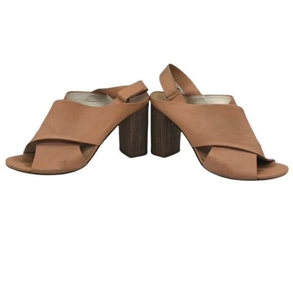 Vince Crisscross Strap Leather and Wood Heeled Sandals 9 Neutral Peep Toe Chunk - Picture 3 of 9